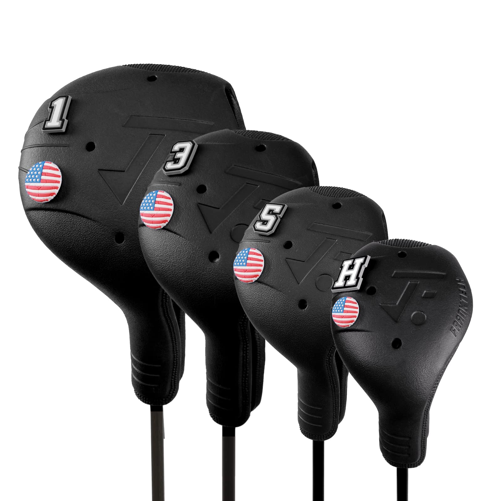 FRANKTECH Golf Club Covers 4pcs and 10pcs USA Flag Pins, Plastic Golf Head Covers for Driver Fairway Woods Hybrid, Driver Headcover Fit All Right-Handed Golf Clubs, Easy On Off, Washable, Funny