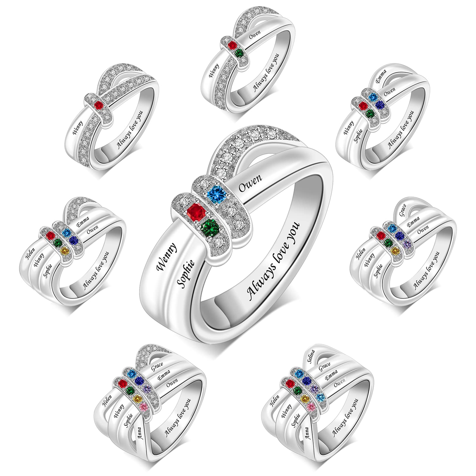 MissNaNa Custom Mother Rings with 1-8 Birthstones & Names Free Engraving Personalized Birthstone Ring Mom Birthstone Ring for Women Wife Grandma