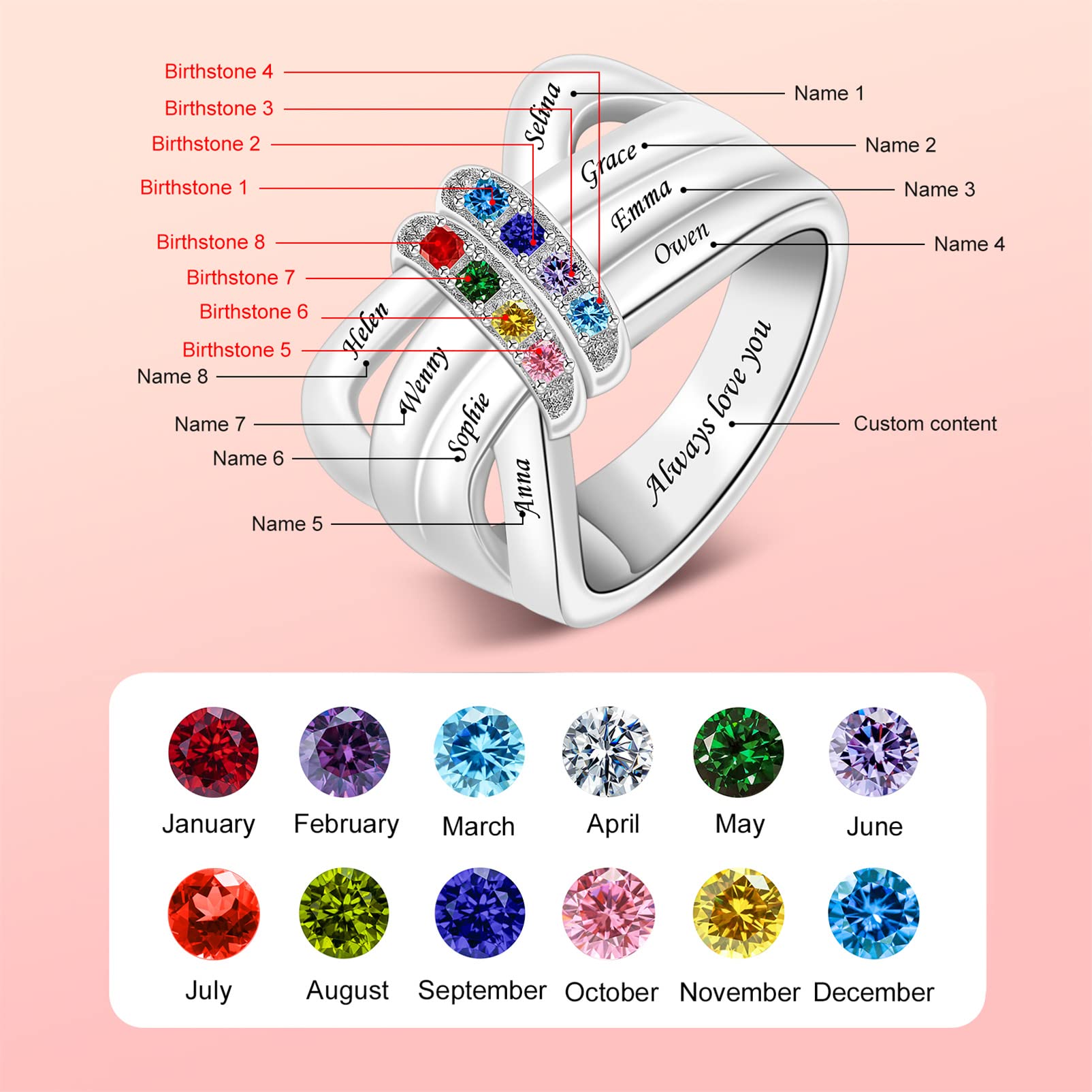 MissNaNa Custom Mother Rings with 1-8 Birthstones & Names Free Engraving Personalized Birthstone Ring Mom Birthstone Ring for Women Wife Grandma