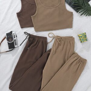 GORGLITTER Women's 2 Piece Tank Top and Sweatpant Sets Drawsting Jogger Sweatsuit Brown and Khaki Small