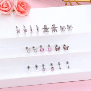 Thunaraz 10 Pairs Hypoallergenic Screwback Earrings for Women 316L Stainless Steel CZ Heart Hoop Earrings Cute Flower Butterfly Screw Back Stud Earrings Set 20G