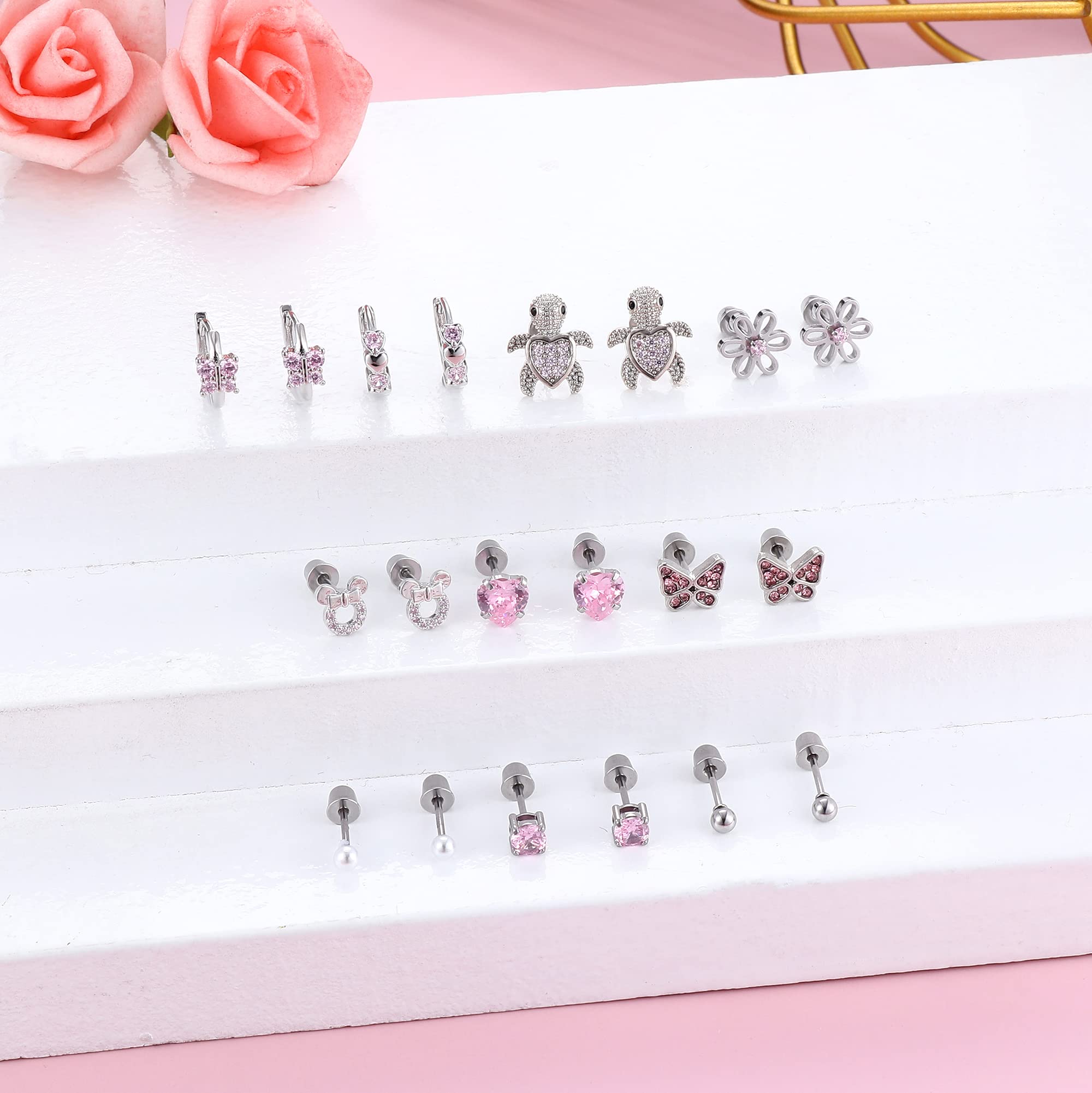 Thunaraz 10 Pairs Hypoallergenic Screwback Earrings for Women 316L Stainless Steel CZ Heart Hoop Earrings Cute Flower Butterfly Screw Back Stud Earrings Set 20G