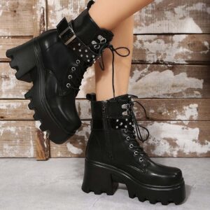 Women's Lace-Up Combat Boots Gothic Platform Mid Calf Wedges Chunky High Heel Round Toe Side Zip Punk Ankle Booties (Black,4)