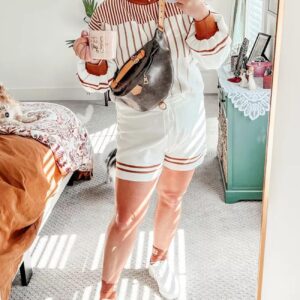 Gihuo Women' s Striped 2 Piece Outfits Crewneck Knit Pullover Sweater Shorts Set Wide Leg Matching Set Loungewear(Brown-M)