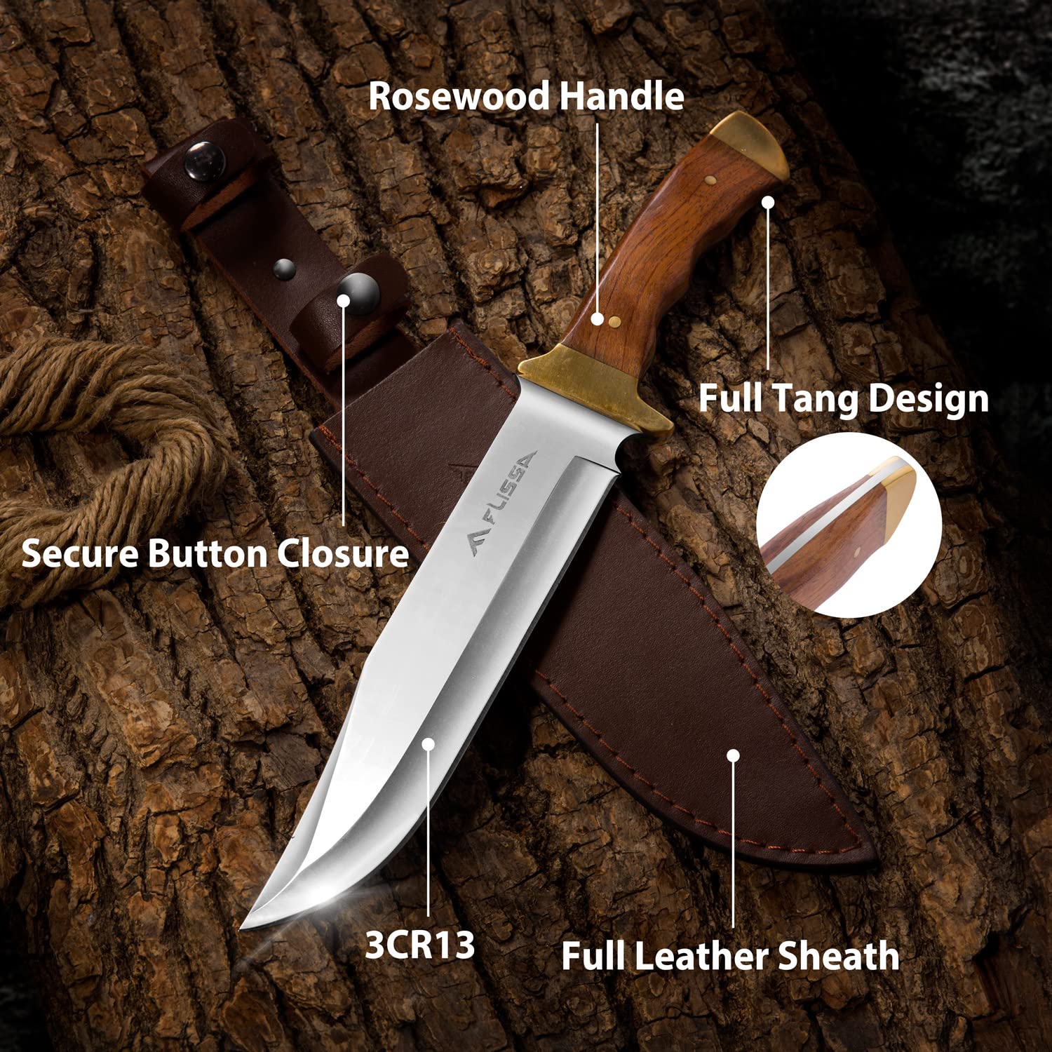 FLISSA 14-inch Bowie Hunting Knife and 11'' Machete