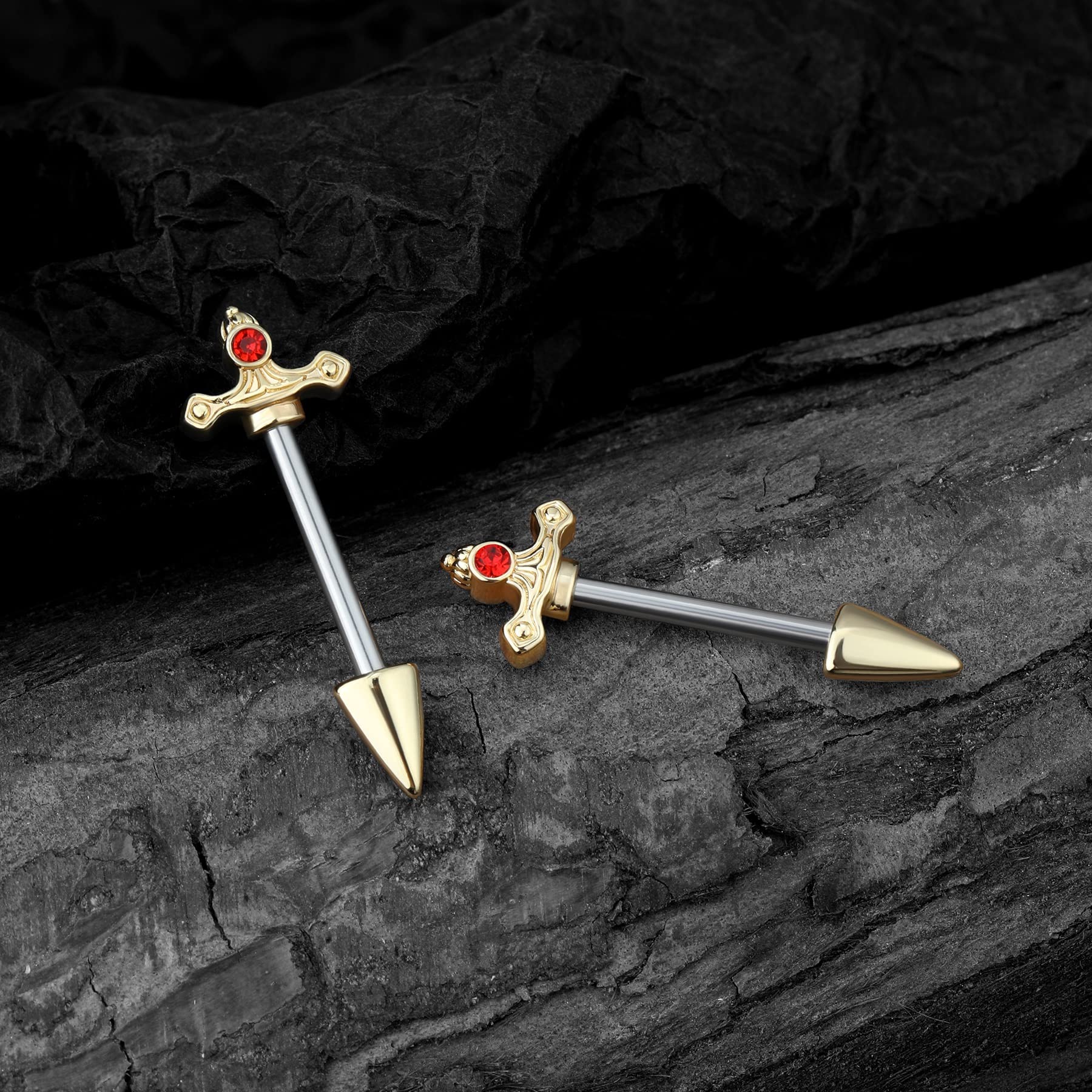 CM Crareesi Mania Dagger Nipple Rings 316L Surgical Steel Gold Nipple Piercing Jewelry 14 Gauge Nipple Jewelry Goth Nipple Rings for Women and Men