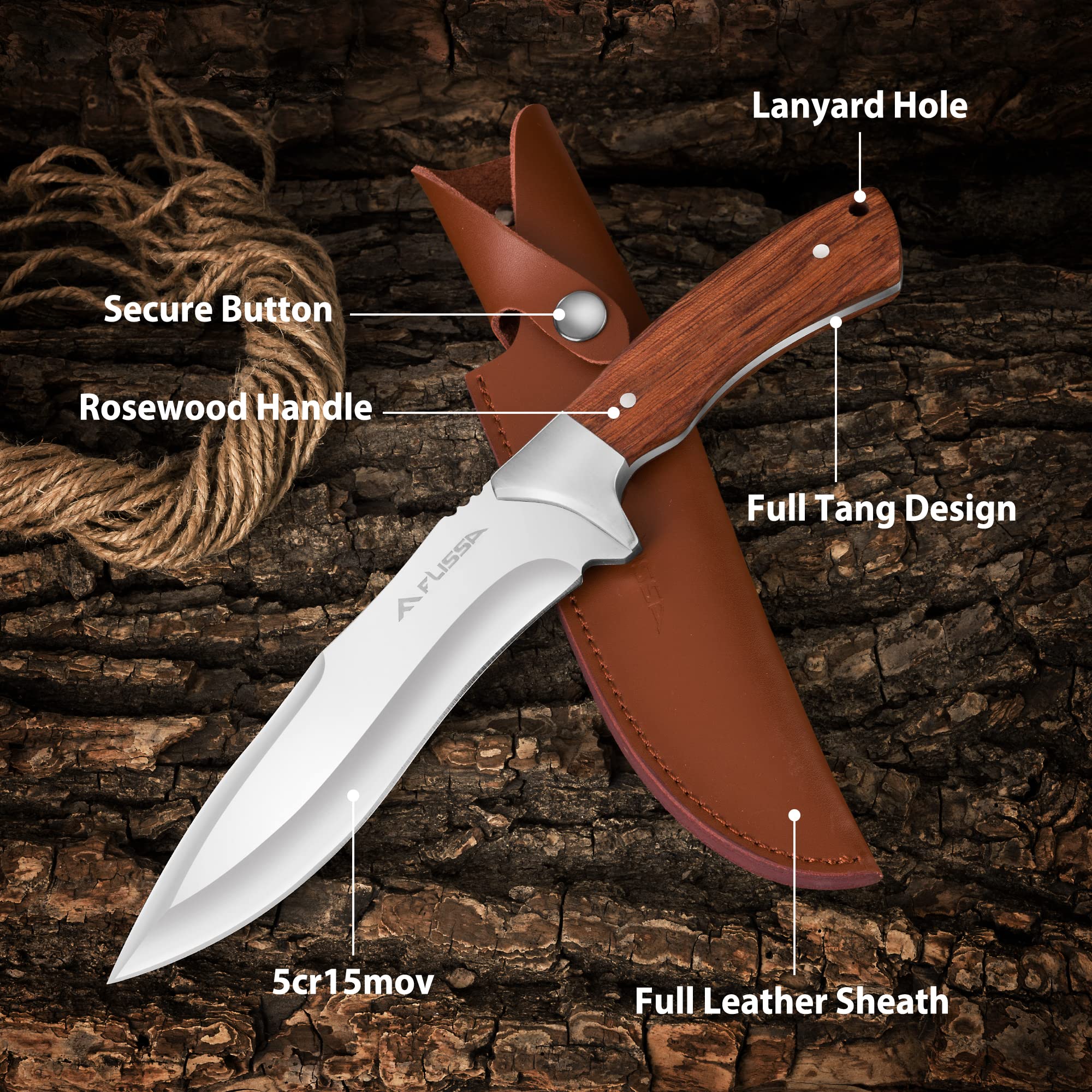 FLISSA Hunting Knife with Leather Sheath and 11'' Machete