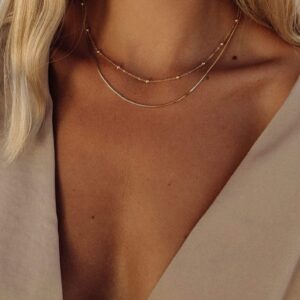 Awvialy Layered Gold Necklaces for Women 14k Gold Plated Beaded Herringbone Necklace Simple Layering Gold Chain Choker Necklaces for Women Cute Dainty Gold Necklace Trendy Gold Jewelry for Women