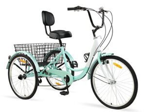 foxtell adult tricycle 7 speed three wheel adult trike cruiser bikes, 20/24/26 inch wheel options, low step-through steel frame, shopping basket, multiple colors (20" wheel/7-speed, cyan)