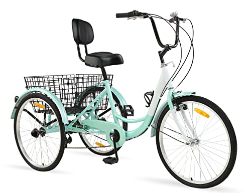 Foxtell Adult Tricycle 7 Speed Three Wheel Adult Trike Cruiser Bikes, 20/24/26 inch Wheel Options, Low Step-Through Steel Frame, Shopping Basket, Multiple Colors (20" Wheel/7-speed, Cyan)