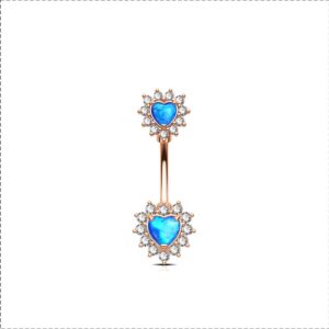 OUFER 14G Belly Button Rings, 316L Surgical Steel Belly Rings, Double Heart Cubic Zircon Filigree Opal Navel Rings Belly Piercing Jewelry For Women And Men-Blue