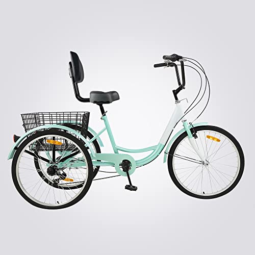 Foxtell Adult Tricycle 7 Speed Three Wheel Adult Trike Cruiser Bikes, 20/24/26 inch Wheel Options, Low Step-Through Steel Frame, Shopping Basket, Multiple Colors (20" Wheel/7-speed, Cyan)