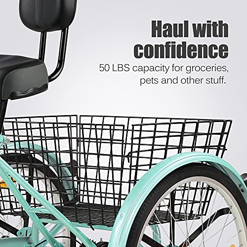 Foxtell Adult Tricycle 7 Speed Three Wheel Adult Trike Cruiser Bikes, 20/24/26 inch Wheel Options, Low Step-Through Steel Frame, Shopping Basket, Multiple Colors (20" Wheel/7-speed, Cyan)