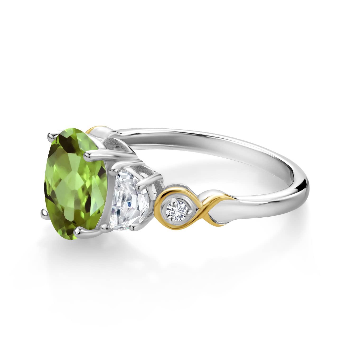 Gem Stone King 925 Silver and 10K Yellow Gold Oval Green Peridot White Moissanite and Lab Grown Diamond 3-Stone Wedding Engagement Ring (2.60 Cttw, Available In Size 5, 6, 7, 8, 9)