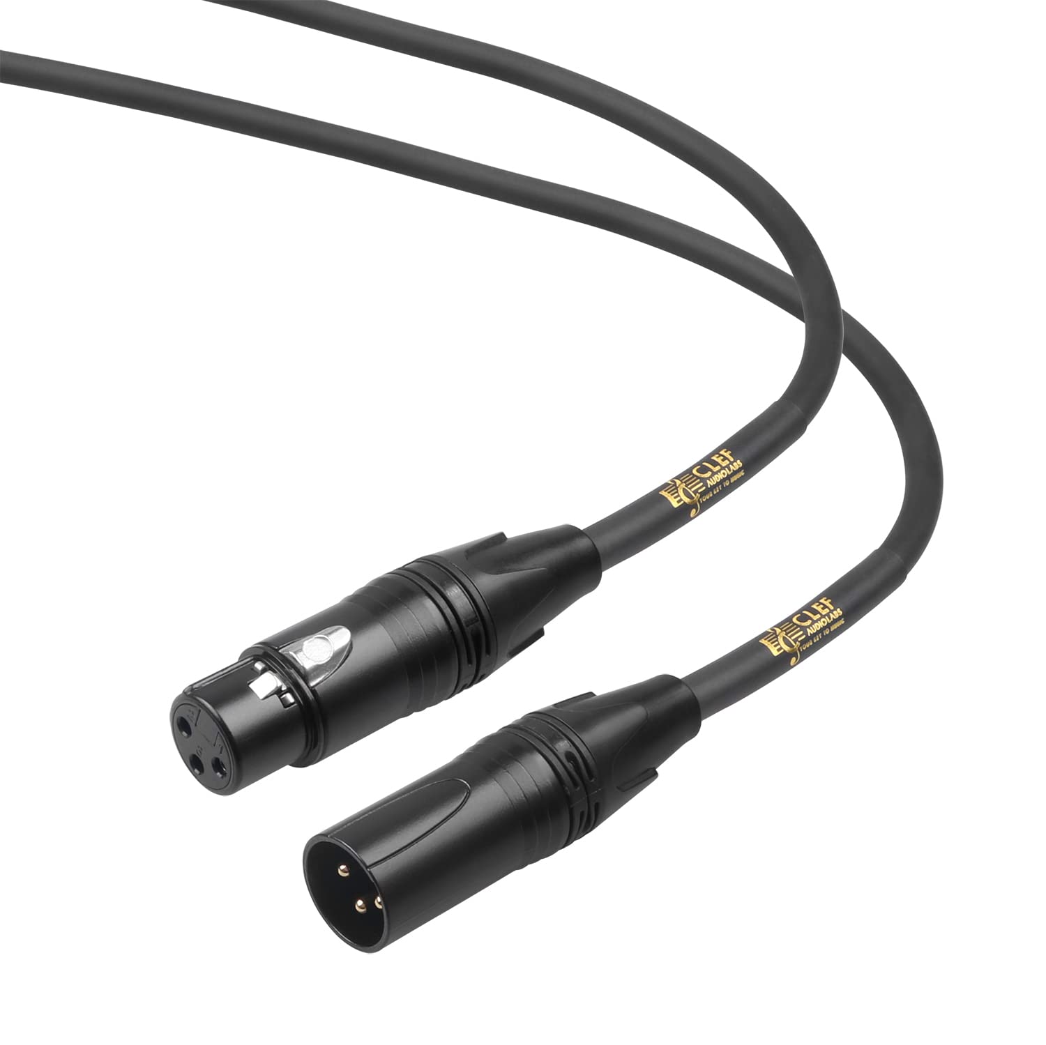 Clef Audio Labs XLR Mic Cable, 3 Feet, Balanced 22AWG Cord, Gold Plated 3-Pin Male to Female Connectors for Vocal or Instrument Microphone and Audio Interface, Black PVC Jacket, Zinc Alloy Shell