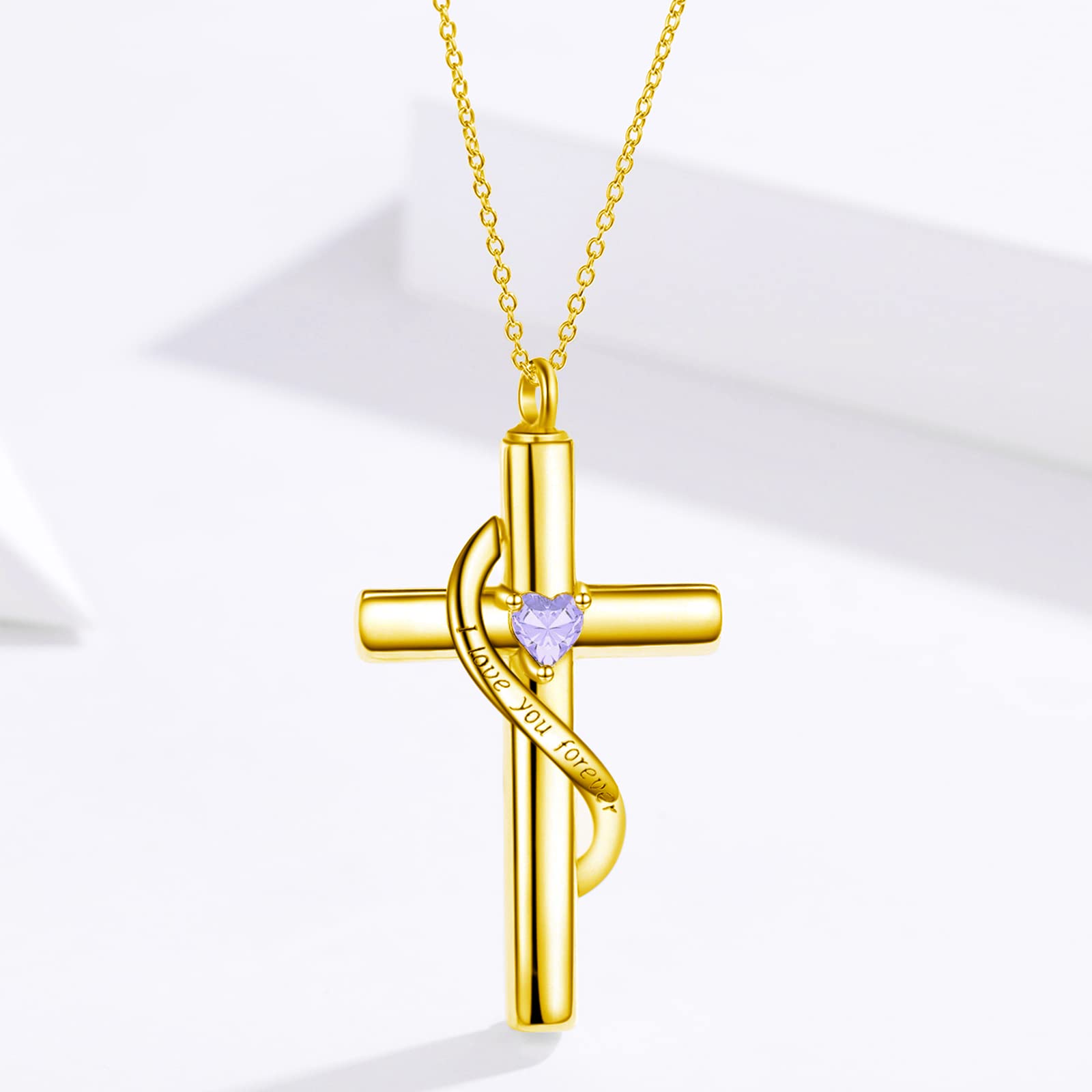 SOULMEET Crystal Cross Necklace for Ashes, Gold Plated Silver I Love You Forever Birthstone June Cross Urn Necklaces for Ashes Keepsake Cremation Jewelry for Pet Human Ashes