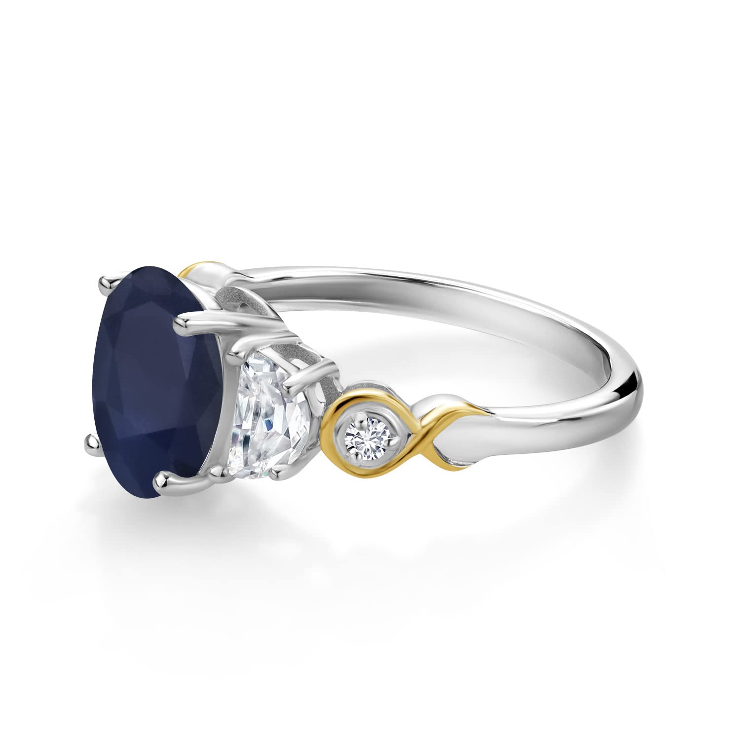 925 Silver and 10K Yellow Gold Oval Blue Sapphire White Moissanite and Lab Grown Diamond 3-Stone Wedding Engagement Anniversary Promise Ring For Women (2.70 Cttw, Available In Size 5, 6, 7, 8, 9)