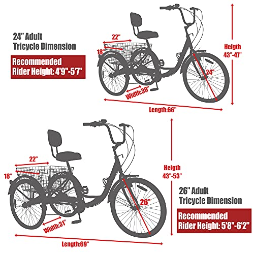 Foxtell Adult Tricycle 7 Speed Three Wheel Adult Trike Cruiser Bikes, 20/24/26 inch Wheel Options, Low Step-Through Steel Frame, Shopping Basket, Multiple Colors (20" Wheel/7-speed, Cyan)