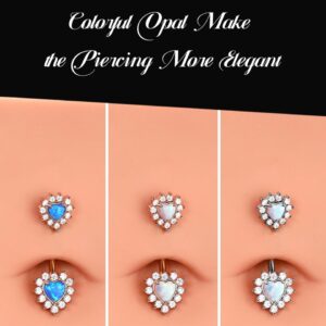 OUFER 14G Belly Button Rings, 316L Surgical Steel Belly Rings, Double Heart Cubic Zircon Filigree Opal Navel Rings Belly Piercing Jewelry For Women And Men-Blue