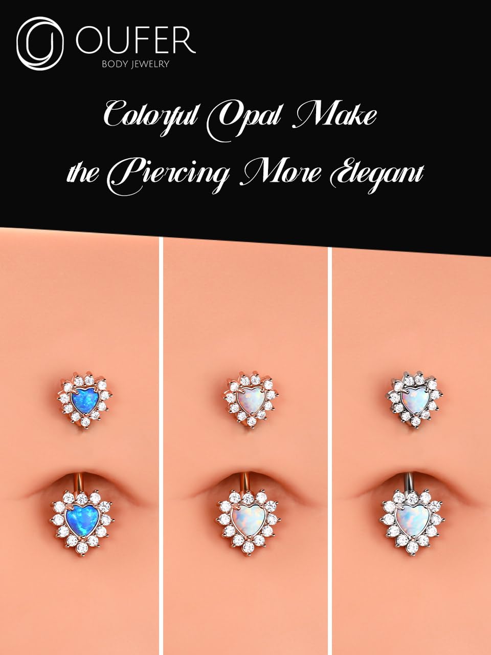 OUFER 14G Belly Button Rings, 316L Surgical Steel Belly Rings, Double Heart Cubic Zircon Filigree Opal Navel Rings Belly Piercing Jewelry For Women And Men-Blue