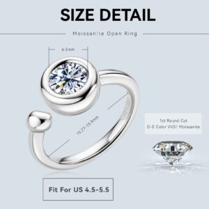 JL LITTLE FOREST Moissanite Open Ring for Women, 925 Sterling Silver Statement Promise Engagement Wedding Band Ring, 1 Carat D Color Moissanite Diamond Adjustable Solitaire Ring(US 4.5-5.5)