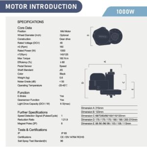 DERUIZ Electric Bike Motor 1000w Mid Drive BBSHD BBS03 E-Bike Kit Bicycle Motor Kit Electric Bike Conversion Kit Electrical Kits with Battery for MTB City Bikes Road Bicycle for Adults