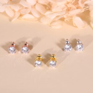 UnicoRing 3 Pairs Small Stud Earrings Set for Women Hypoallergenic 18K Gold Plated with 6mm Cubic Zirconia Men Earrings Studs (silver,rose,gold)