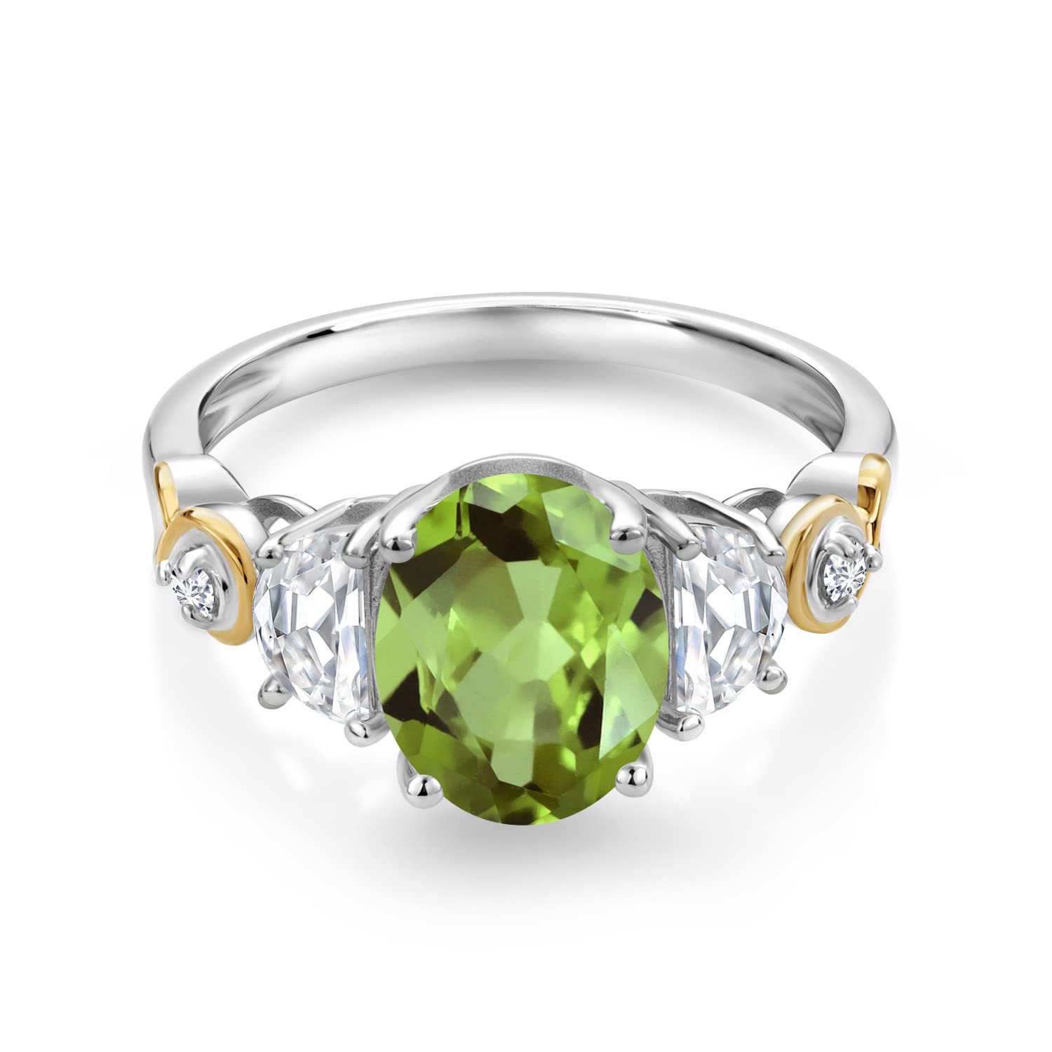 Gem Stone King 925 Silver and 10K Yellow Gold Oval Green Peridot White Moissanite and Lab Grown Diamond 3-Stone Wedding Engagement Ring (2.60 Cttw, Available In Size 5, 6, 7, 8, 9)