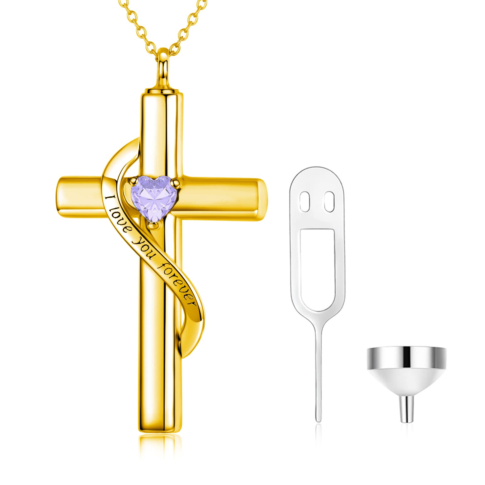 SOULMEET Crystal Cross Necklace for Ashes, Gold Plated Silver I Love You Forever Birthstone June Cross Urn Necklaces for Ashes Keepsake Cremation Jewelry for Pet Human Ashes