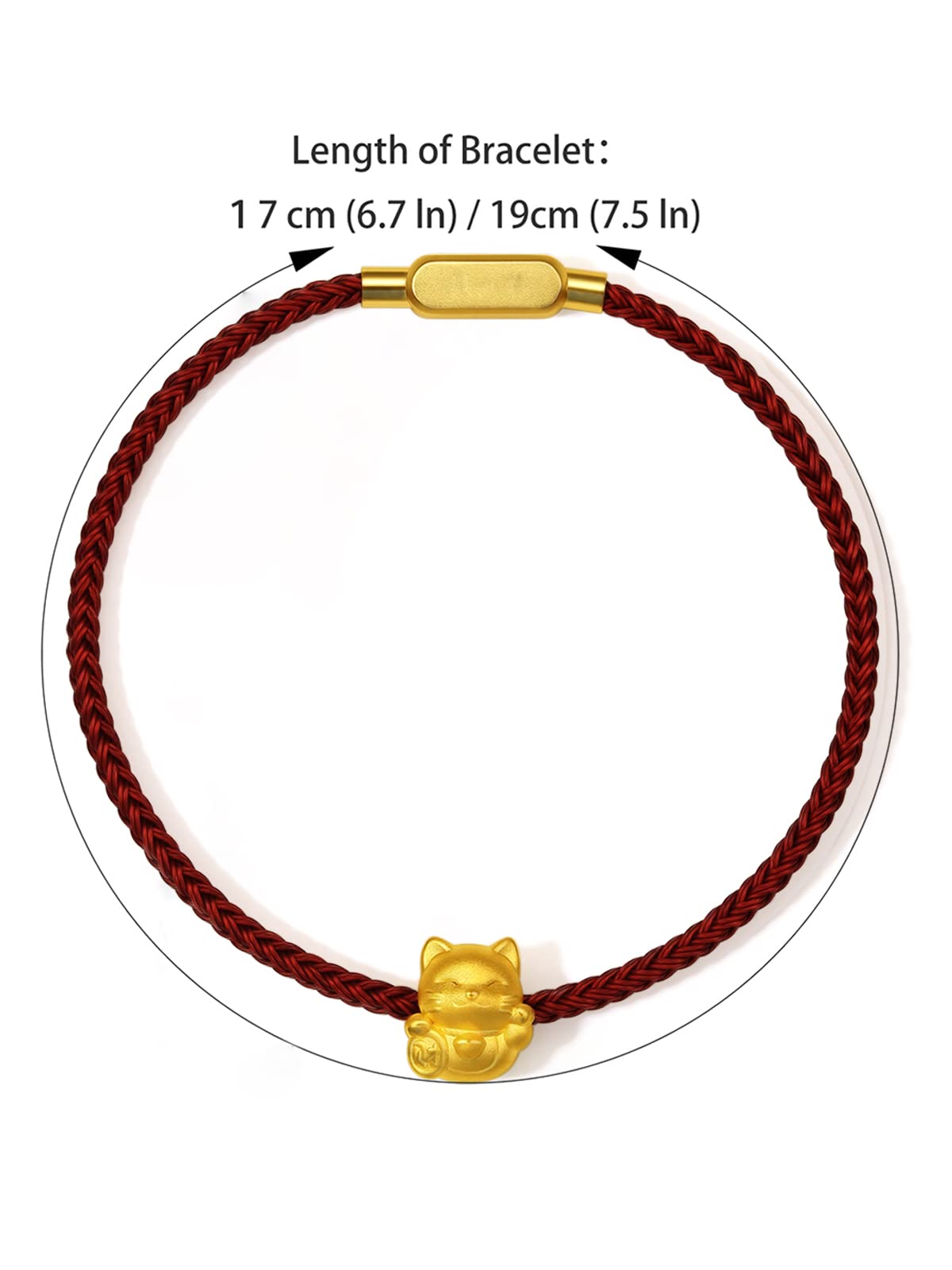 ZHOU LIU FU 24K Solid Gold Bracelet Real Gold Lucky Cat Charm Bracelet Yellow Gold Jewelry Fortune Cat Charm Bracelet for Women Red Bracelets (24K Solid Gold, 17cm /6.69 inch)