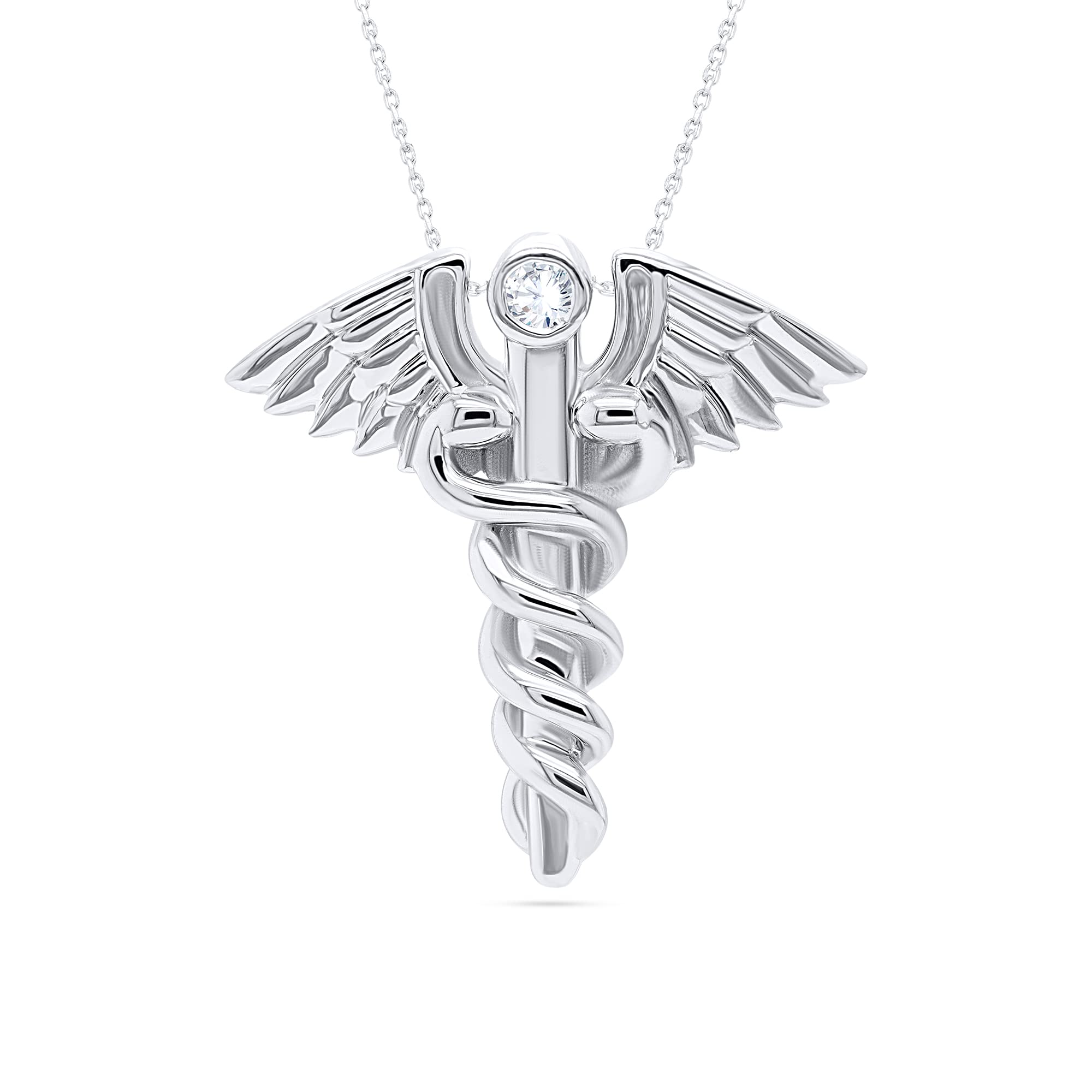 Poshadime Caduceus Necklace for Women 925 Sterling Silver Doctor Nurse Themed Pendant Angel Wings Snake Jewelry 1/20 Carat Round Cut Diamond 18" Chain Necklace (I-J Color, Metal Stone, Diamond