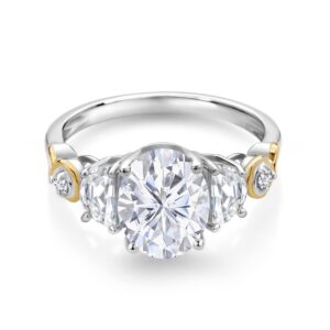 Gem Stone King 925 Silver and 10K Yellow Gold Moissanite and Lab Grown Diamond 3-Stone Women Wedding Engagement Anniversary Promise Ring (2.60 Cttw, Available In Size 5, 6, 7, 8, 9)