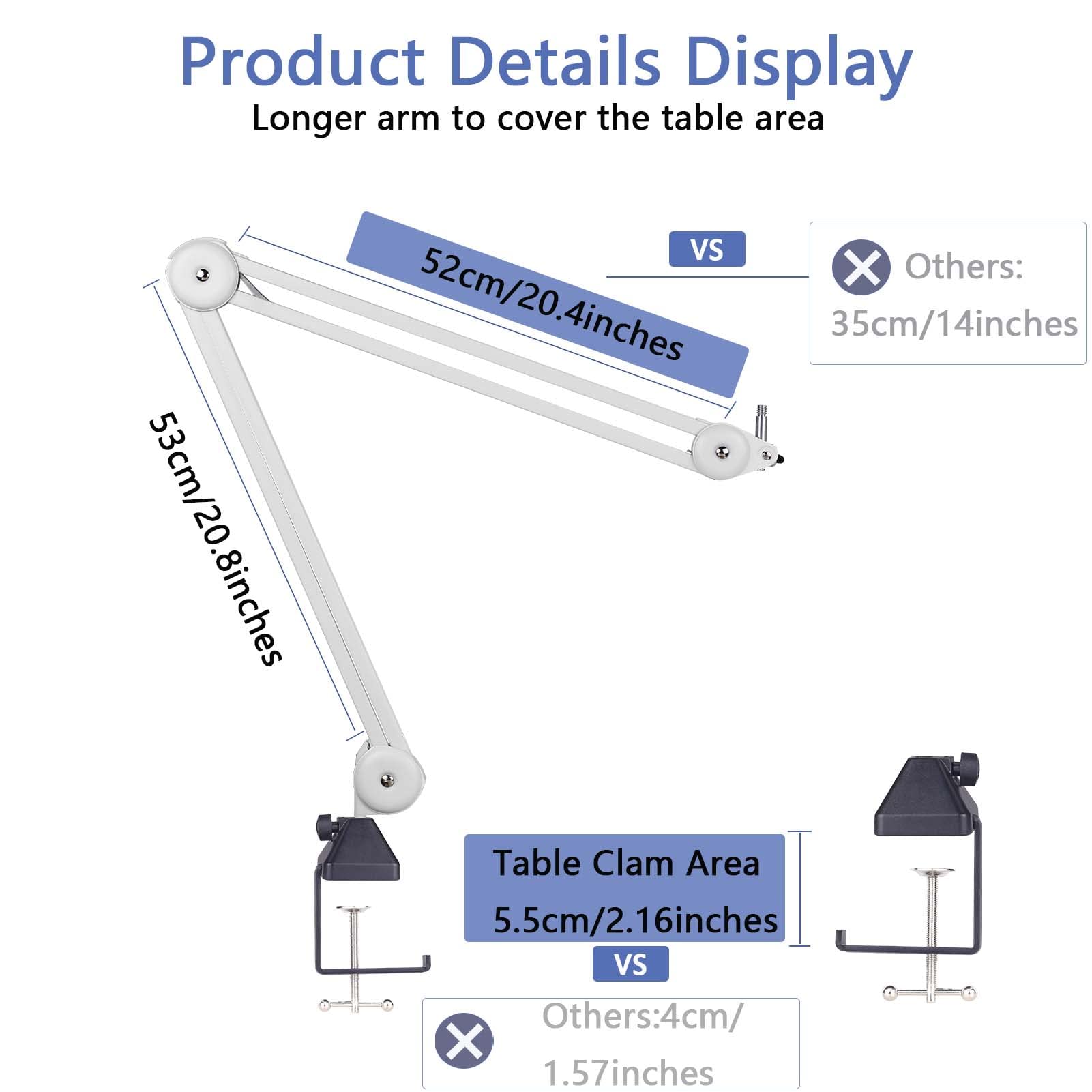 KOMISON Microphone Arm Stand, Mic Arm Microphone Suspension Scissor Boom Stands Heavy Duty and Cable Ties for Blue Yeti Snowball for Gaming, Recording, Quadcast (MS-white)