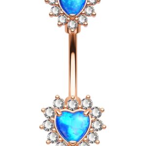 OUFER 14G Belly Button Rings, 316L Surgical Steel Belly Rings, Double Heart Cubic Zircon Filigree Opal Navel Rings Belly Piercing Jewelry For Women And Men-Blue