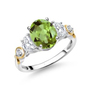 gem stone king 925 silver and 10k yellow gold oval green peridot white moissanite and lab grown diamond 3-stone wedding engagement ring (2.60 cttw, available in size 5, 6, 7, 8, 9)