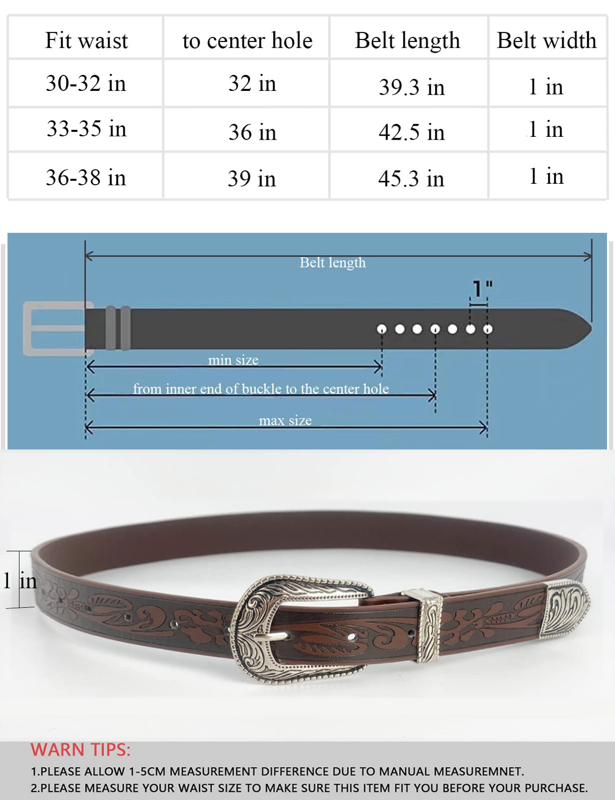 TOPACC Western Embossed Engraved Tooled Leather Belt for Women Brown Cowgirl Cowboy Country Belts for Jeans Pants Girls