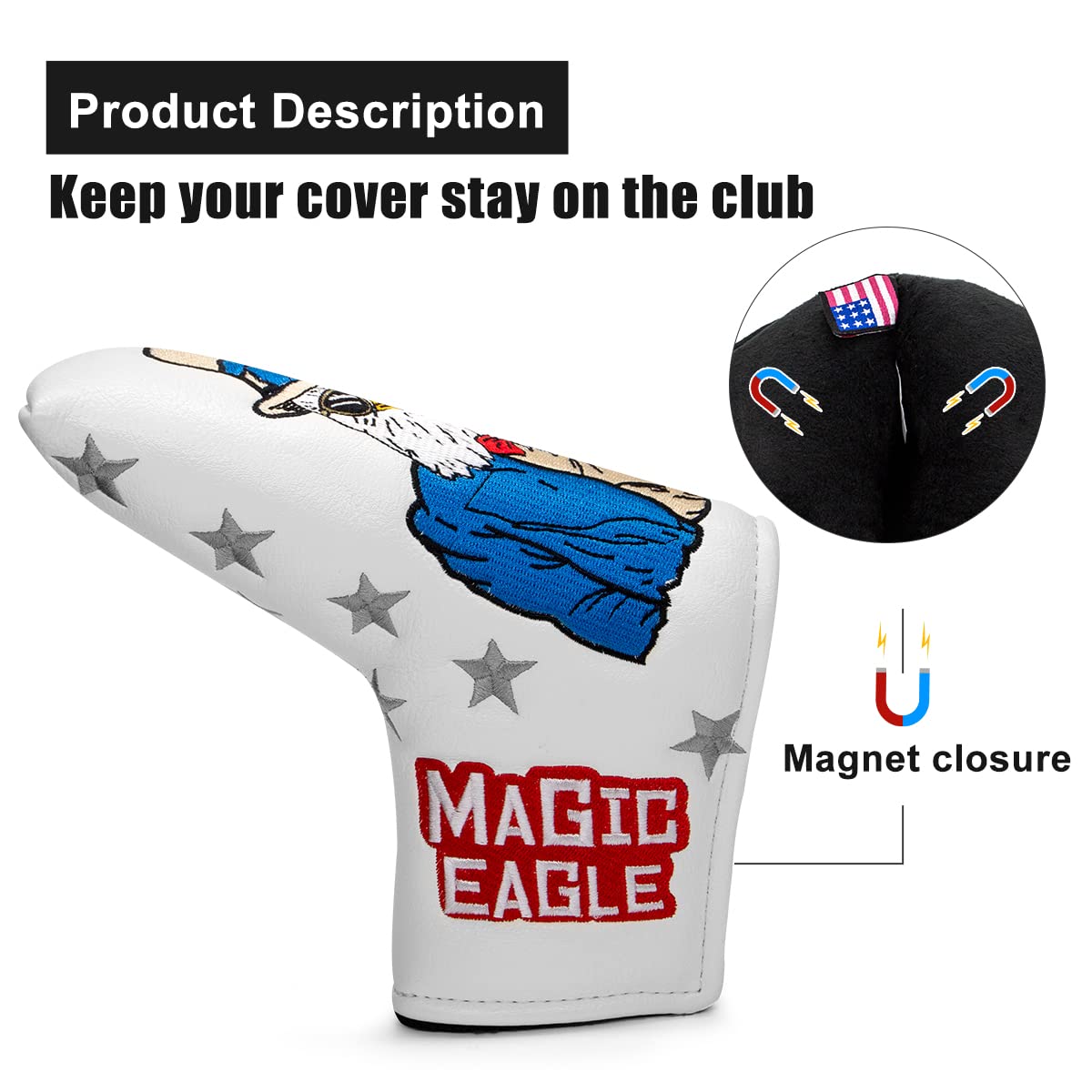 Golf Blade Putter Cover, USA Style Magic Eagle Elegant Embroidery Premium Leather Golf Blade Putter Headcover Putter Head Covers for Titleist Scotty Cameron Ping Taylormade Odyssey