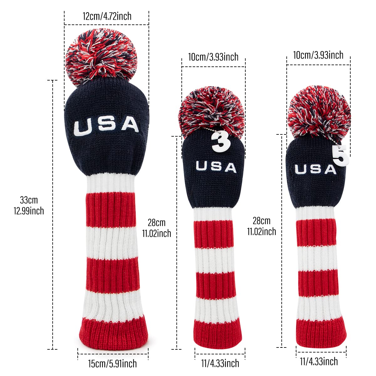 3pcs Pom Pom Golf Headcovers, 1 3 5 Golf Wood Headcovers Set, Knitted Golf Club Head Cover, Long Neck Golf Club Case Protection, Patriotism US Flag Pattern