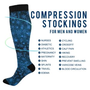 Kigai 1 Pair Winter Blue Snowflake Compression Socks 20-30mmHg Knee High Women Socks Tube Athletic Stockings for Men Sport Soccer Running Cycling Medical Nurse Winter Travel