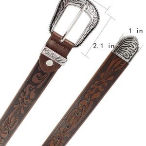 TOPACC Western Embossed Engraved Tooled Leather Belt for Women Brown Cowgirl Cowboy Country Belts for Jeans Pants Girls