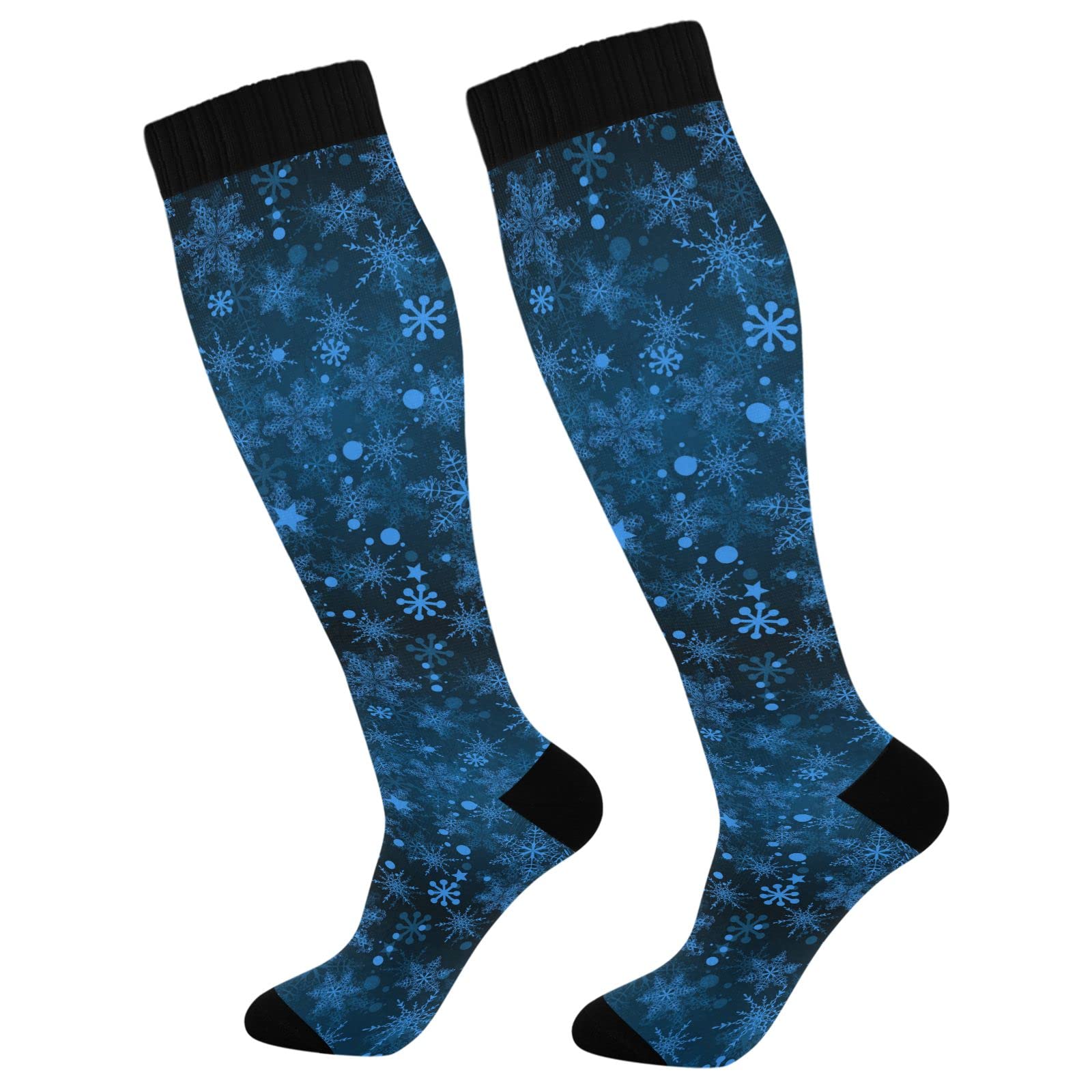 Kigai 1 Pair Winter Blue Snowflake Compression Socks 20-30mmHg Knee High Women Socks Tube Athletic Stockings for Men Sport Soccer Running Cycling Medical Nurse Winter Travel