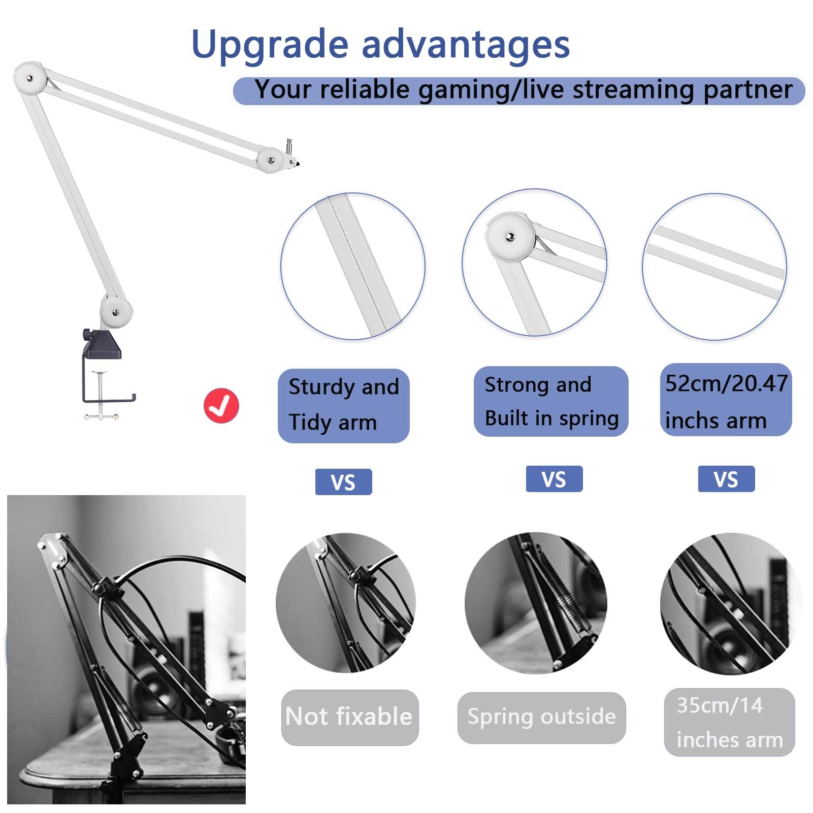 KOMISON Microphone Arm Stand, Mic Arm Microphone Suspension Scissor Boom Stands Heavy Duty and Cable Ties for Blue Yeti Snowball for Gaming, Recording, Quadcast (MS-white)