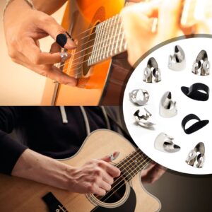 12PCS Steel Finger Thumb Picks Set, Including 8 Pieces Silver Stainless Finger Picks and 4 Pieces Black Thumb Picks for Guitar Banjos Other Instruments (Silver, Black)