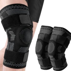 pokeat 2pcs knee brace support compression sleeve with side stabilizers and patella gel for knee pain meniscus tear injury recovery,dark grey,l