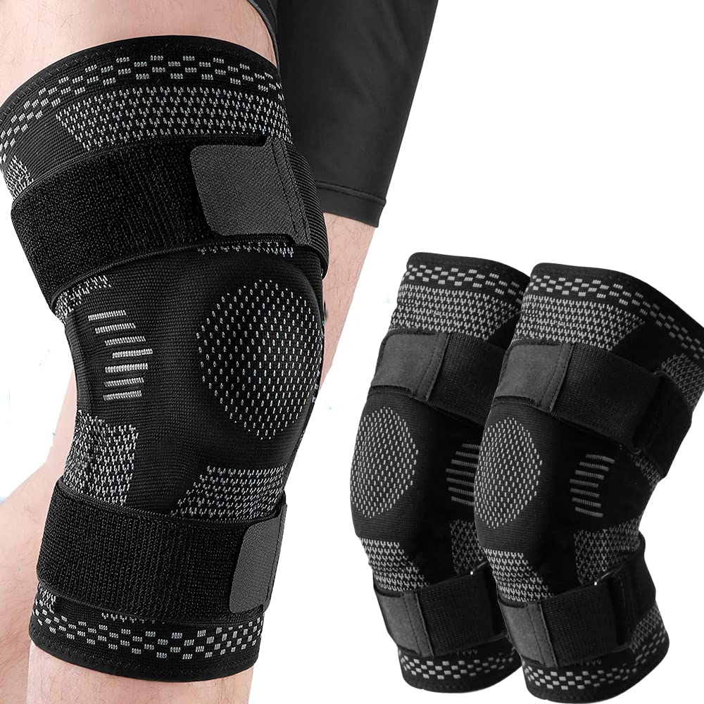 POKEAT 2Pcs Knee Brace Support Compression Sleeve with Side Stabilizers and Patella Gel for Knee Pain Meniscus Tear Injury Recovery,Dark Grey,L