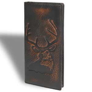 dk86 deer long wallet for men full grain leather with hand burnished rfid blocking rodeo wallet bifold wallet deer wallet, black and orange