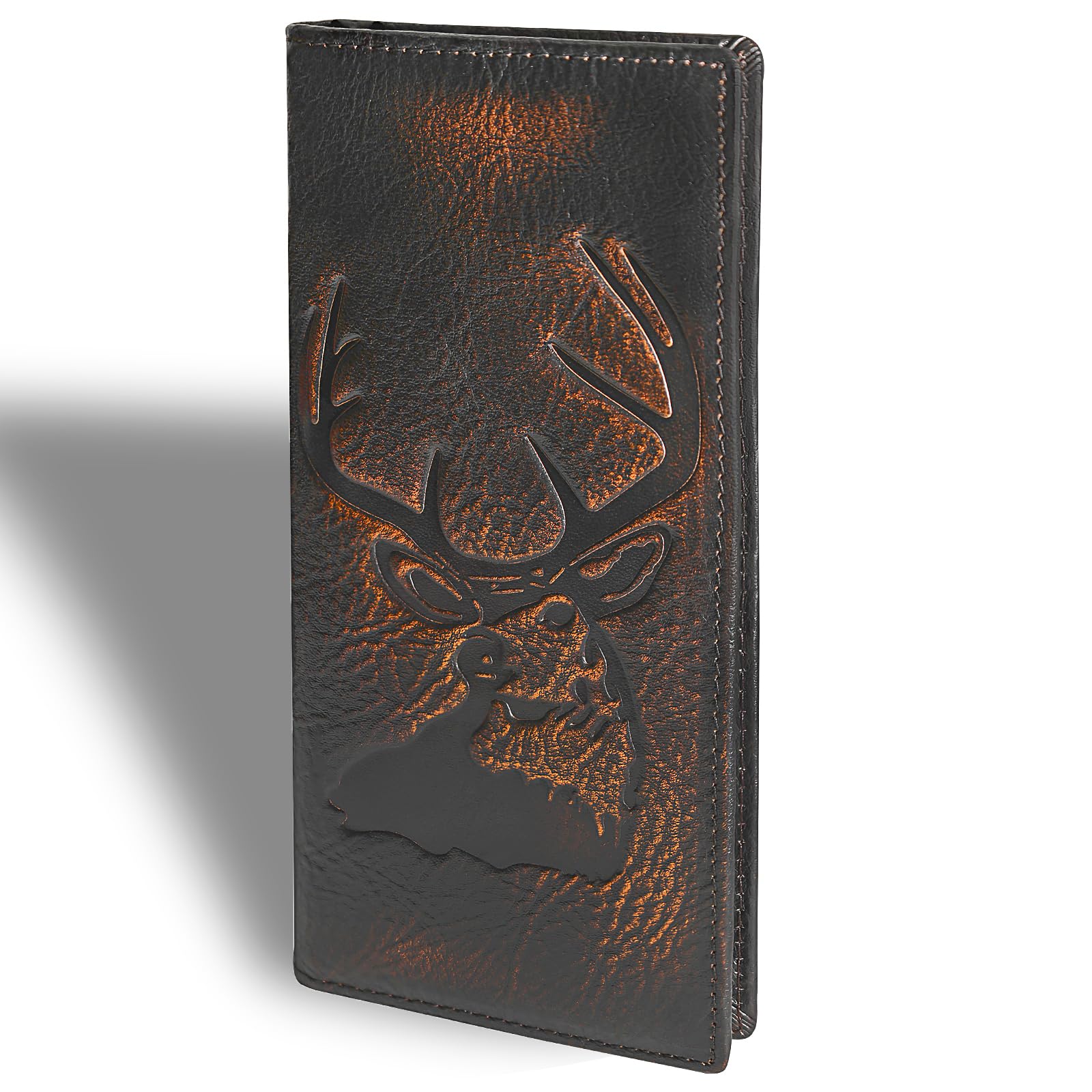 DK86 Deer Long Wallet For Men Full Grain Leather with Hand Burnished Rfid Blocking Rodeo Wallet Bifold Wallet Deer Wallet, Black and Orange