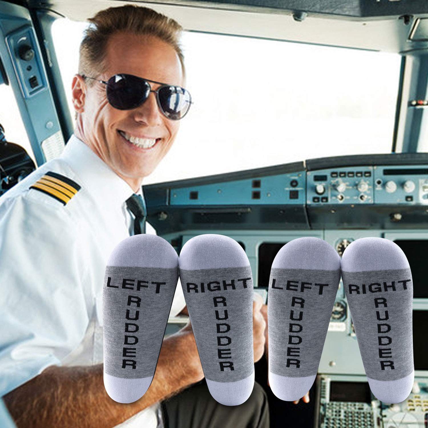 MBMSO 1 Pairs Pilot Socks Gifts Aviation Socks for Men Left Rudder Right Rudder Aviation Themed Gifts (1 Pair Grey LR Rudder socks)