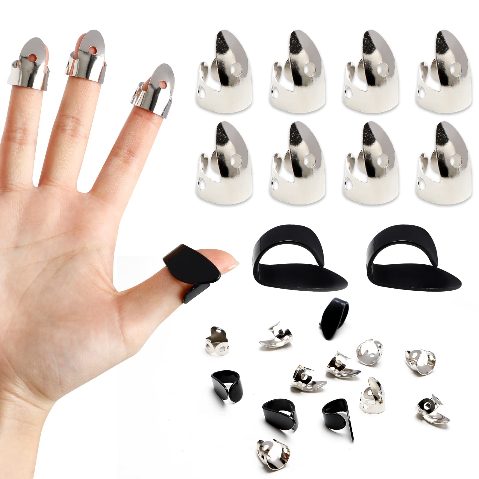 12PCS Steel Finger Thumb Picks Set, Including 8 Pieces Silver Stainless Finger Picks and 4 Pieces Black Thumb Picks for Guitar Banjos Other Instruments (Silver, Black)