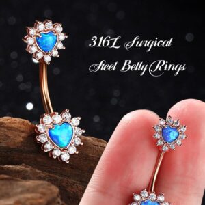 OUFER 14G Belly Button Rings, 316L Surgical Steel Belly Rings, Double Heart Cubic Zircon Filigree Opal Navel Rings Belly Piercing Jewelry For Women And Men-Blue